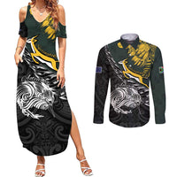 New Zealand and South Africa Rugby Personalised Couples Matching Summer Maxi Dress and Long Sleeve Button Shirt Maori Kiwi With Springboks LT15 Black - Polynesian Pride