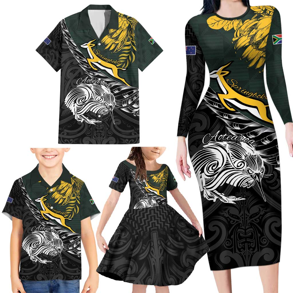 New Zealand and South Africa Rugby Personalised Family Matching Long Sleeve Bodycon Dress and Hawaiian Shirt Maori Kiwi With Springboks LT15 - Polynesian Pride