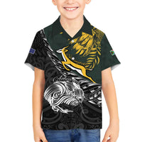 New Zealand and South Africa Rugby Personalised Family Matching Long Sleeve Bodycon Dress and Hawaiian Shirt Maori Kiwi With Springboks LT15 Son's Shirt Black - Polynesian Pride