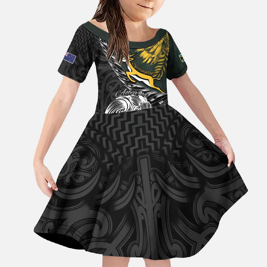New Zealand and South Africa Rugby Personalised Family Matching Mermaid Dress and Hawaiian Shirt Maori Kiwi With Springboks LT15 Daughter's Dress Black - Polynesian Pride