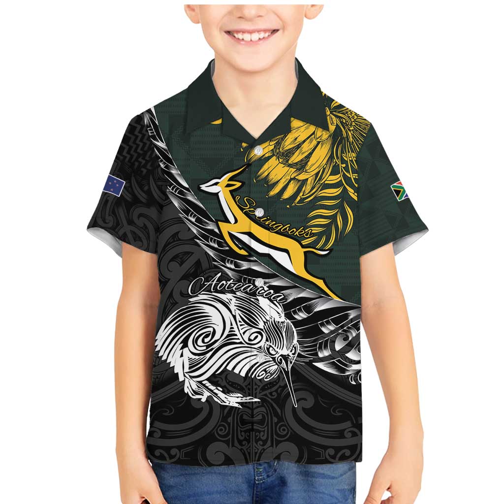 New Zealand and South Africa Rugby Personalised Family Matching Mermaid Dress and Hawaiian Shirt Maori Kiwi With Springboks LT15 Son's Shirt Black - Polynesian Pride