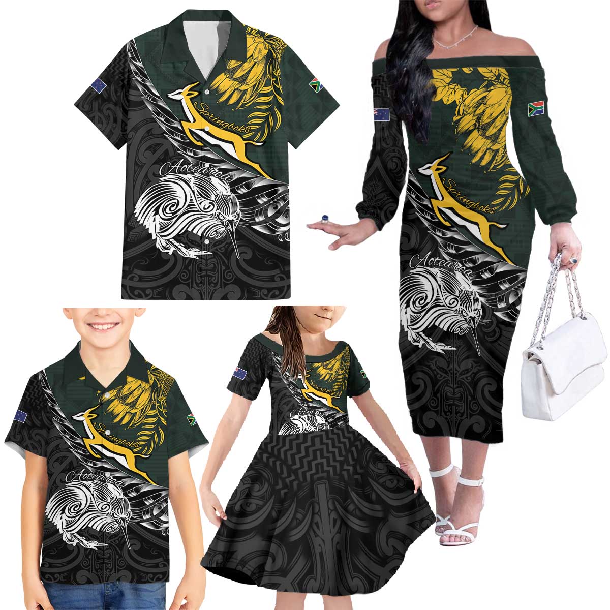 New Zealand and South Africa Rugby Personalised Family Matching Off The Shoulder Long Sleeve Dress and Hawaiian Shirt Maori Kiwi With Springboks LT15 - Polynesian Pride