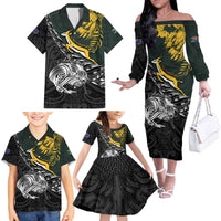 New Zealand and South Africa Rugby Personalised Family Matching Off The Shoulder Long Sleeve Dress and Hawaiian Shirt Maori Kiwi With Springboks LT15 - Polynesian Pride
