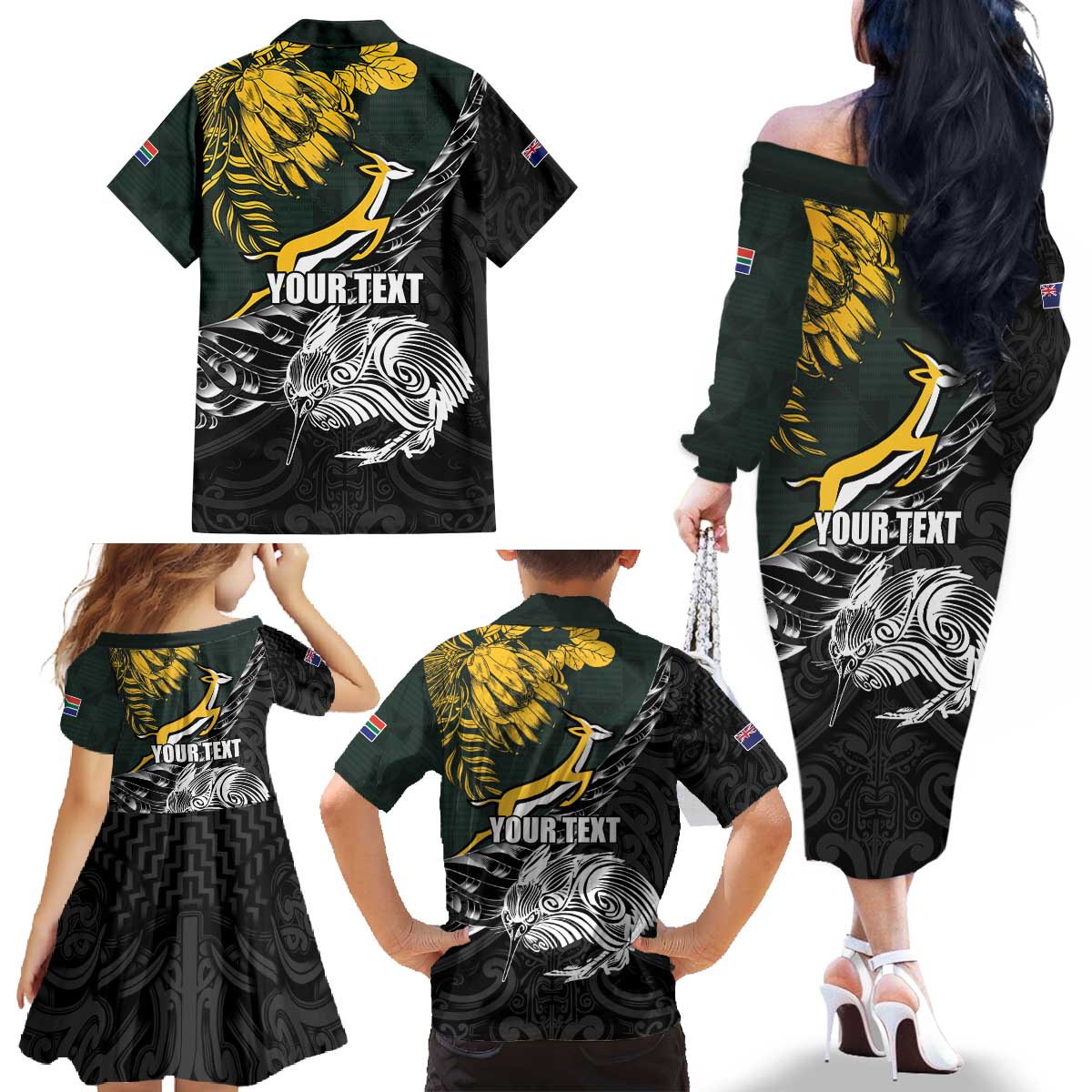 New Zealand and South Africa Rugby Personalised Family Matching Off The Shoulder Long Sleeve Dress and Hawaiian Shirt Maori Kiwi With Springboks LT15 - Polynesian Pride