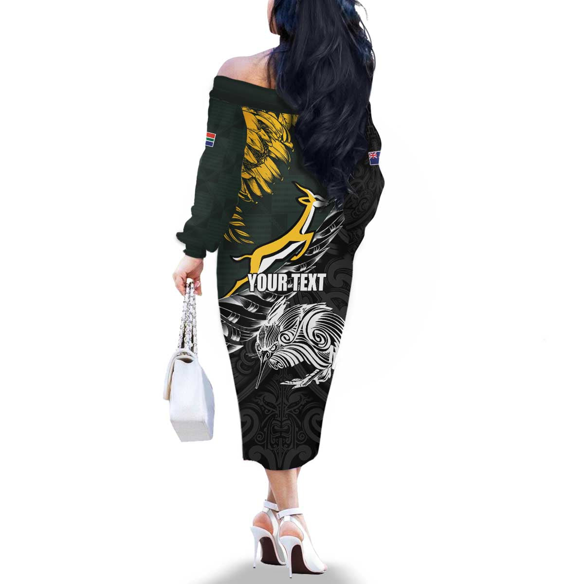 New Zealand and South Africa Rugby Personalised Family Matching Off The Shoulder Long Sleeve Dress and Hawaiian Shirt Maori Kiwi With Springboks LT15 - Polynesian Pride
