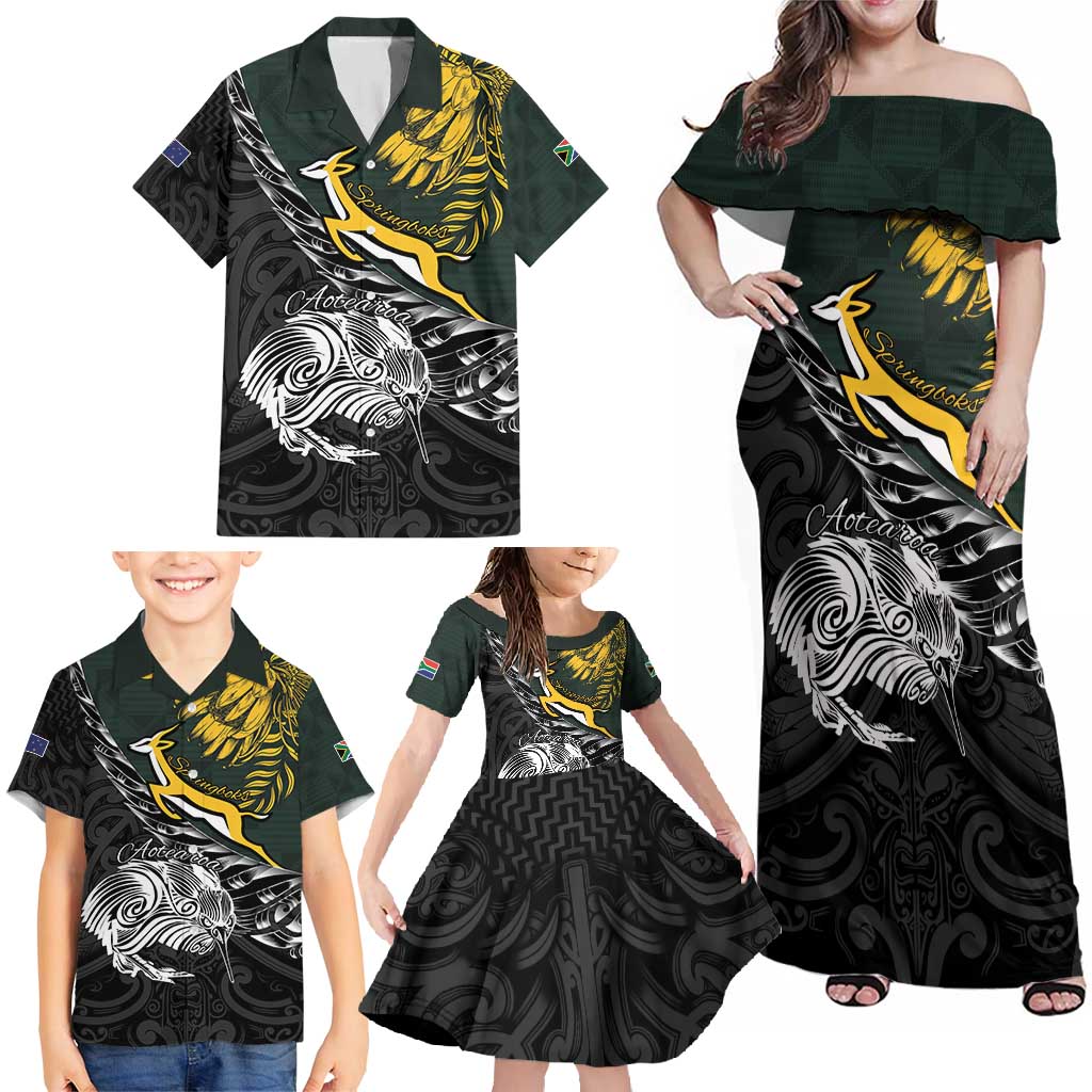 New Zealand and South Africa Rugby Personalised Family Matching Off Shoulder Maxi Dress and Hawaiian Shirt Maori Kiwi With Springboks LT15 - Polynesian Pride