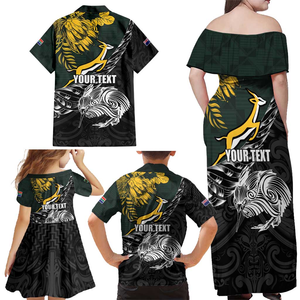 New Zealand and South Africa Rugby Personalised Family Matching Off Shoulder Maxi Dress and Hawaiian Shirt Maori Kiwi With Springboks LT15 - Polynesian Pride
