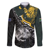 New Zealand and South Africa Rugby Personalised Family Matching Off Shoulder Maxi Dress and Hawaiian Shirt Maori Kiwi With Springboks LT15 Dad's Shirt - Long Sleeve Black - Polynesian Pride