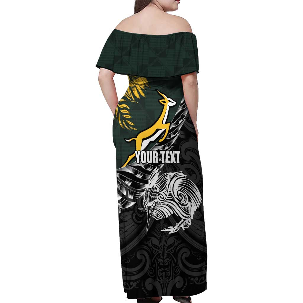 New Zealand and South Africa Rugby Personalised Family Matching Off Shoulder Maxi Dress and Hawaiian Shirt Maori Kiwi With Springboks LT15 - Polynesian Pride