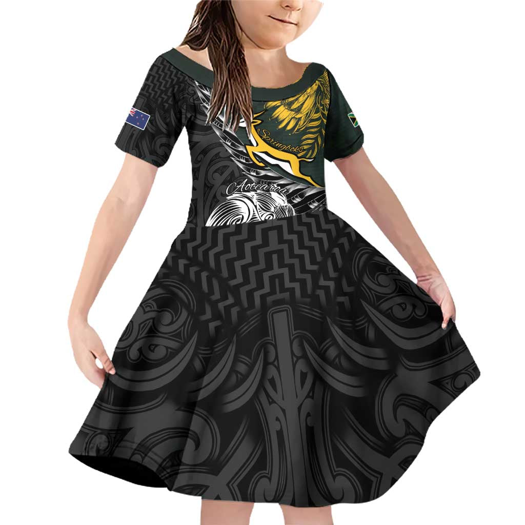 New Zealand and South Africa Rugby Personalised Family Matching Off Shoulder Short Dress and Hawaiian Shirt Maori Kiwi With Springboks LT15 Daughter's Dress Black - Polynesian Pride
