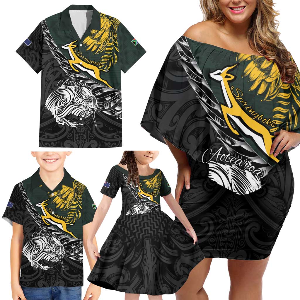 New Zealand and South Africa Rugby Personalised Family Matching Off Shoulder Short Dress and Hawaiian Shirt Maori Kiwi With Springboks LT15 - Polynesian Pride