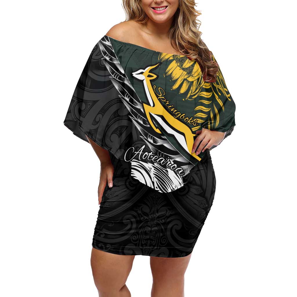 New Zealand and South Africa Rugby Personalised Family Matching Off Shoulder Short Dress and Hawaiian Shirt Maori Kiwi With Springboks LT15 Mom's Dress Black - Polynesian Pride