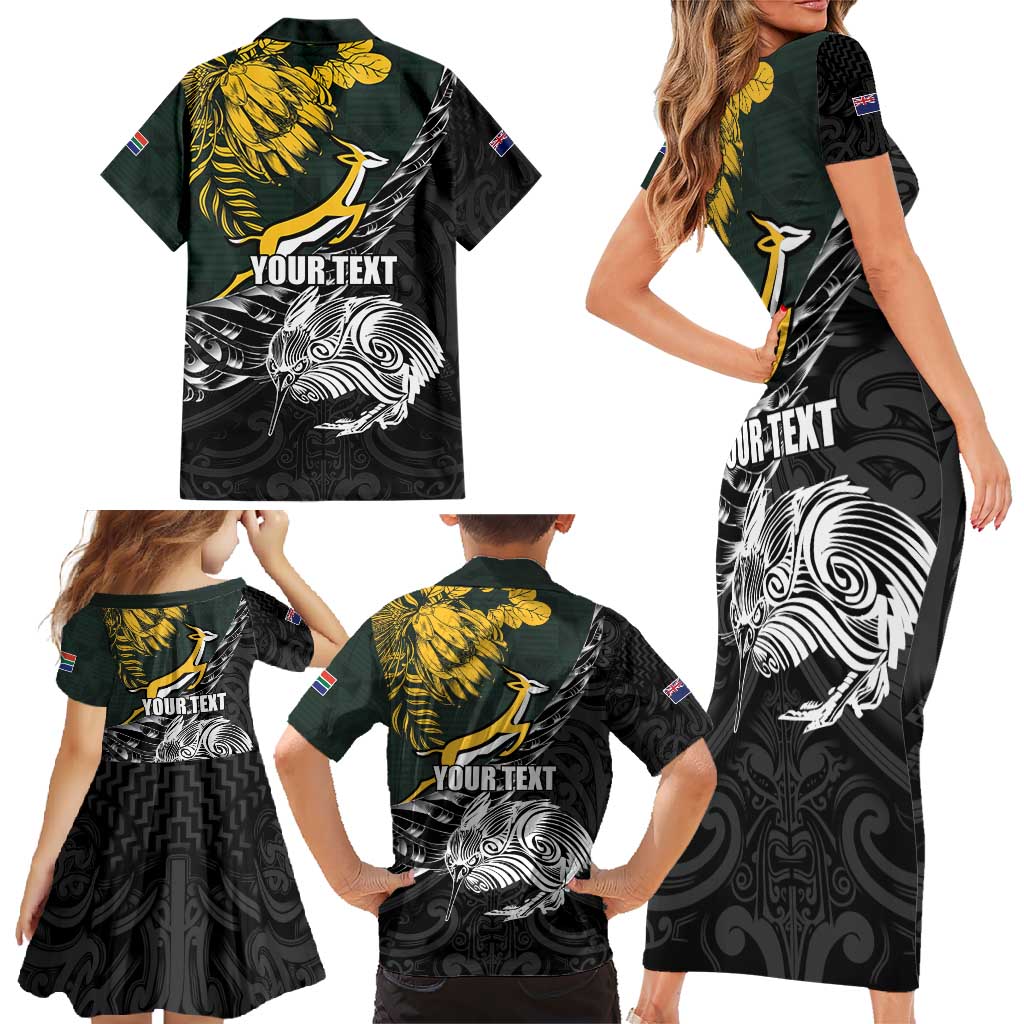 New Zealand and South Africa Rugby Personalised Family Matching Short Sleeve Bodycon Dress and Hawaiian Shirt Maori Kiwi With Springboks LT15 - Polynesian Pride