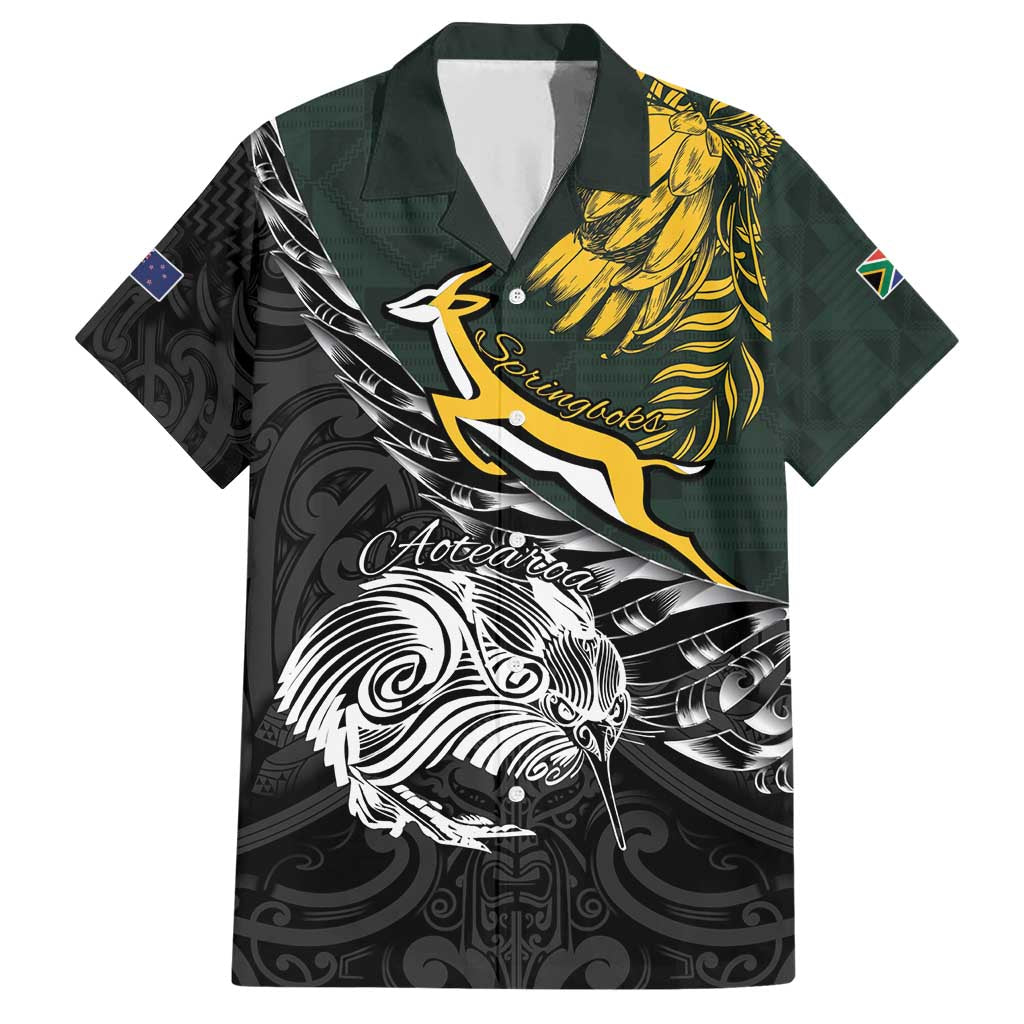 New Zealand and South Africa Rugby Personalised Family Matching Short Sleeve Bodycon Dress and Hawaiian Shirt Maori Kiwi With Springboks LT15 Dad's Shirt - Short Sleeve Black - Polynesian Pride