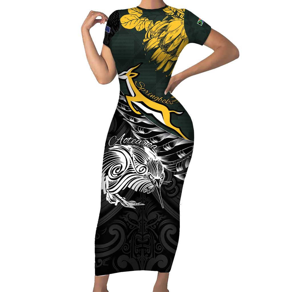New Zealand and South Africa Rugby Personalised Family Matching Short Sleeve Bodycon Dress and Hawaiian Shirt Maori Kiwi With Springboks LT15 Mom's Dress Black - Polynesian Pride