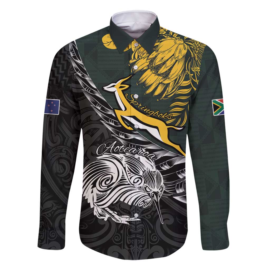 New Zealand and South Africa Rugby Personalised Family Matching Summer Maxi Dress and Hawaiian Shirt Maori Kiwi With Springboks LT15 Dad's Shirt - Long Sleeve Black - Polynesian Pride