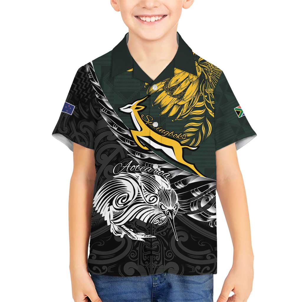 New Zealand and South Africa Rugby Personalised Family Matching Tank Maxi Dress and Hawaiian Shirt Maori Kiwi With Springboks LT15 Son's Shirt Black - Polynesian Pride