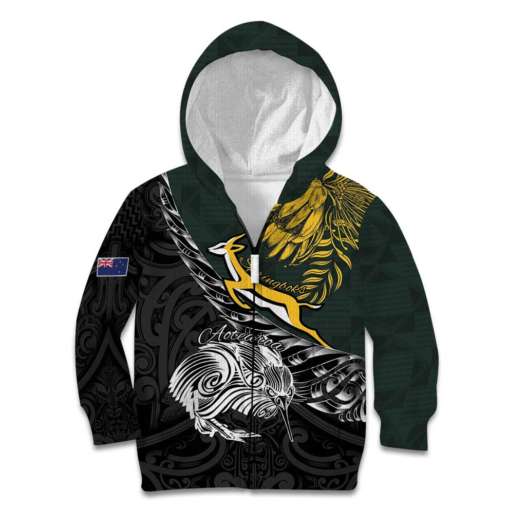 New Zealand and South Africa Rugby Personalised Kid Hoodie Maori Kiwi With Springboks LT15 Zip Hoodie Black - Polynesian Pride