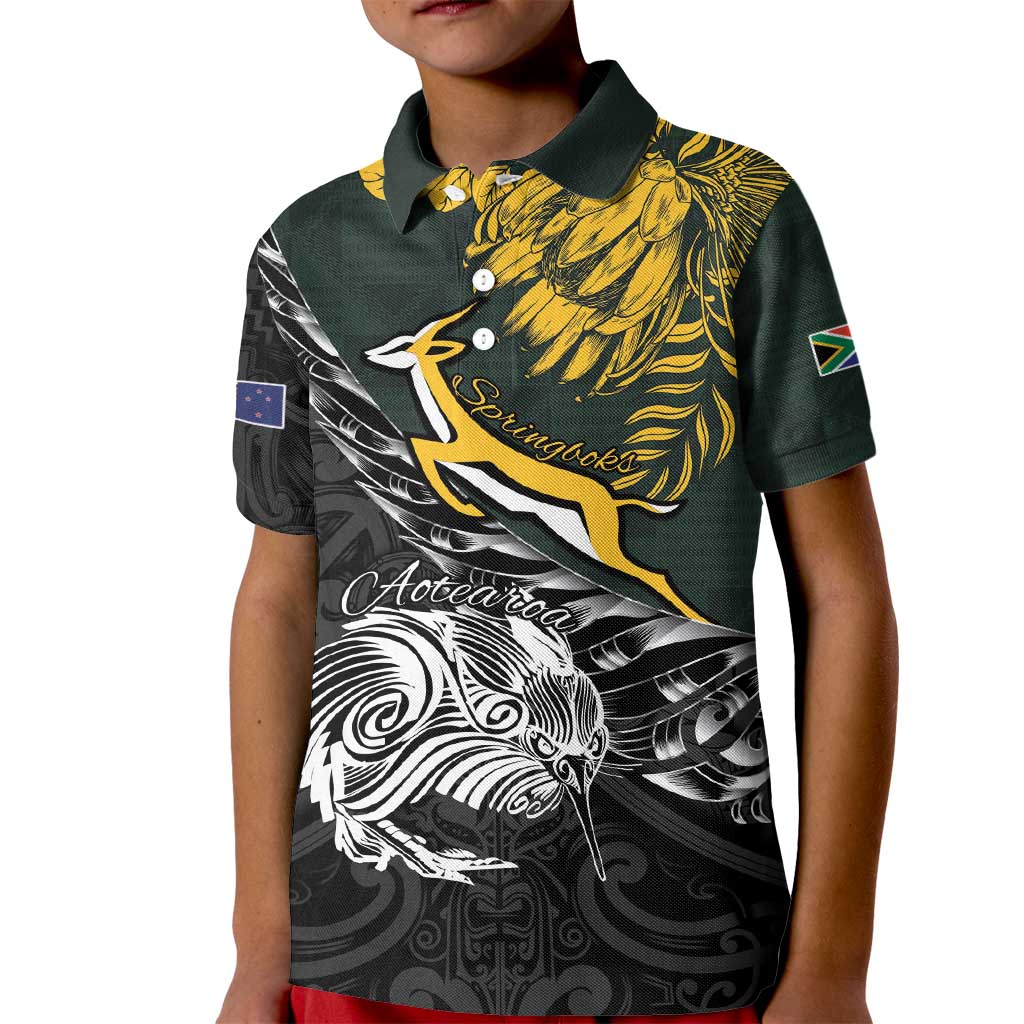 New Zealand and South Africa Rugby Personalised Kid Polo Shirt Maori Kiwi With Springboks LT15 Kid Black - Polynesian Pride