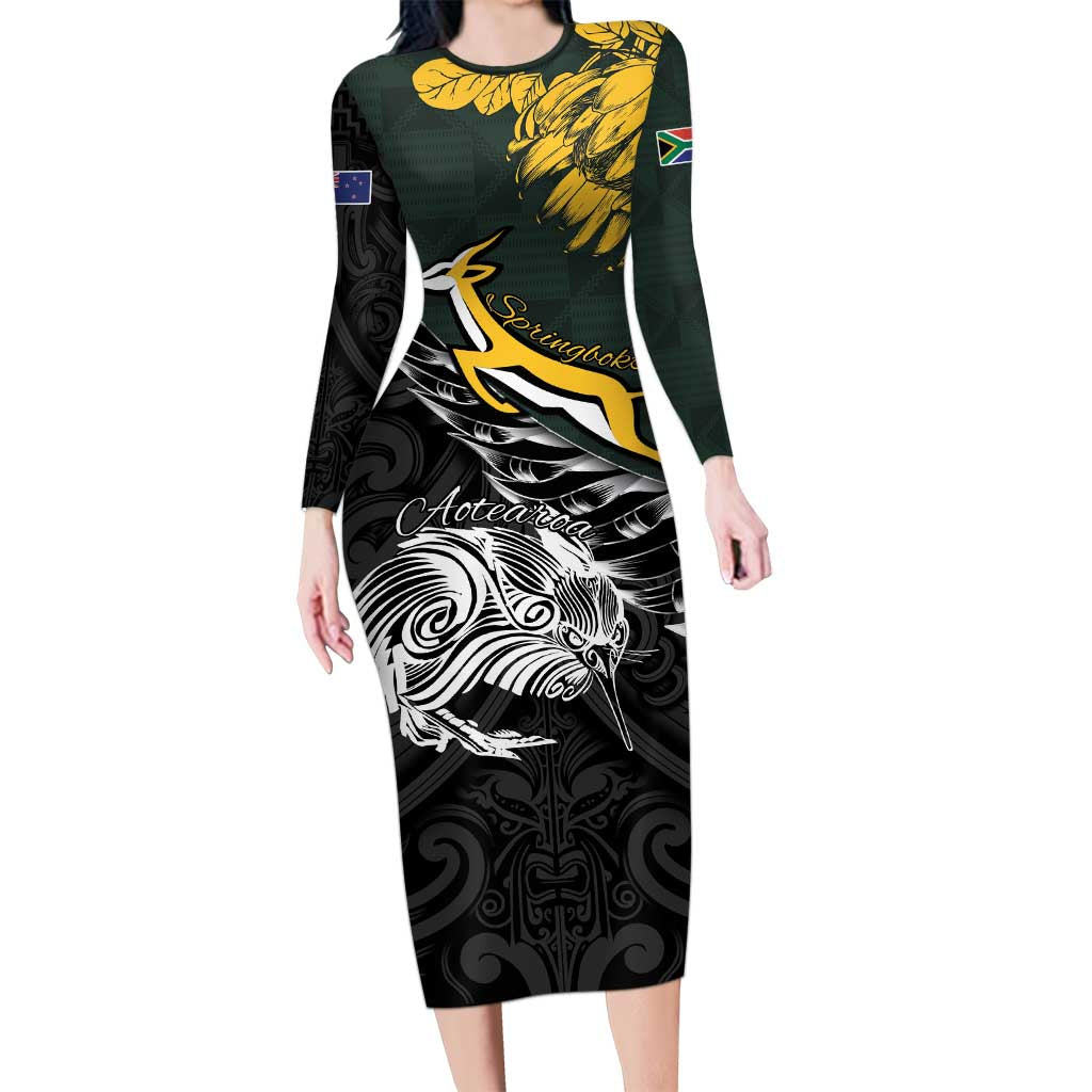 New Zealand and South Africa Rugby Personalised Long Sleeve Bodycon Dress Maori Kiwi With Springboks LT15 Long Dress Black - Polynesian Pride