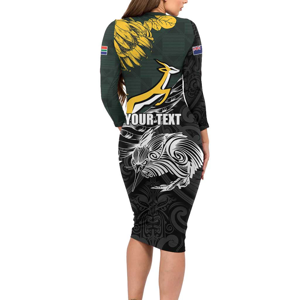 New Zealand and South Africa Rugby Personalised Long Sleeve Bodycon Dress Maori Kiwi With Springboks LT15 - Polynesian Pride