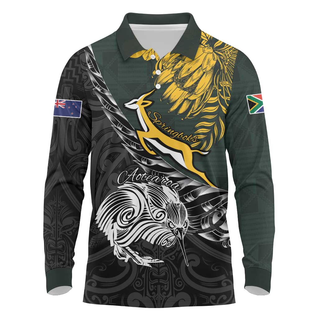 New Zealand and South Africa Rugby Personalised Long Sleeve Polo Shirt Maori Kiwi With Springboks LT15 Black - Polynesian Pride