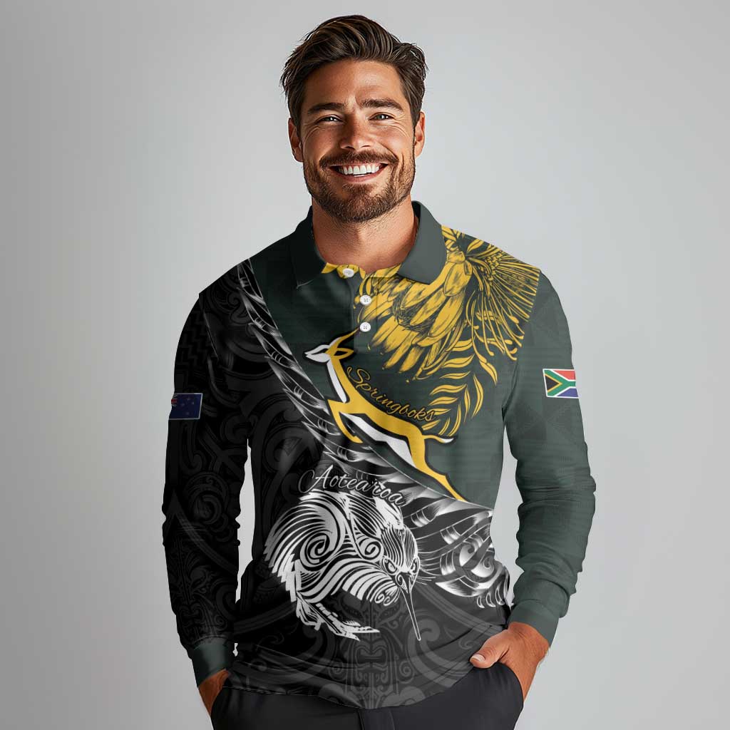 New Zealand and South Africa Rugby Personalised Long Sleeve Polo Shirt Maori Kiwi With Springboks LT15 - Polynesian Pride
