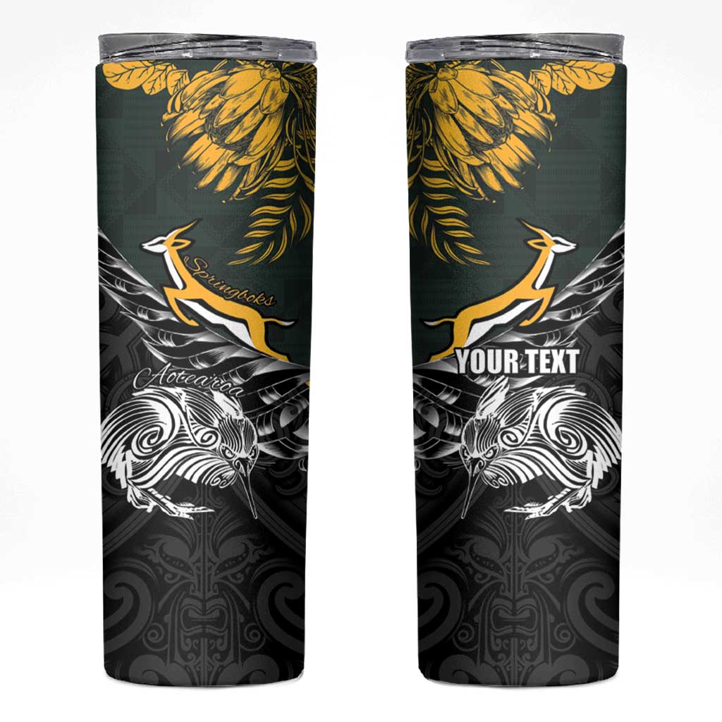 New Zealand and South Africa Rugby Personalised Skinny Tumbler Maori Kiwi With Springboks LT15 Black - Polynesian Pride