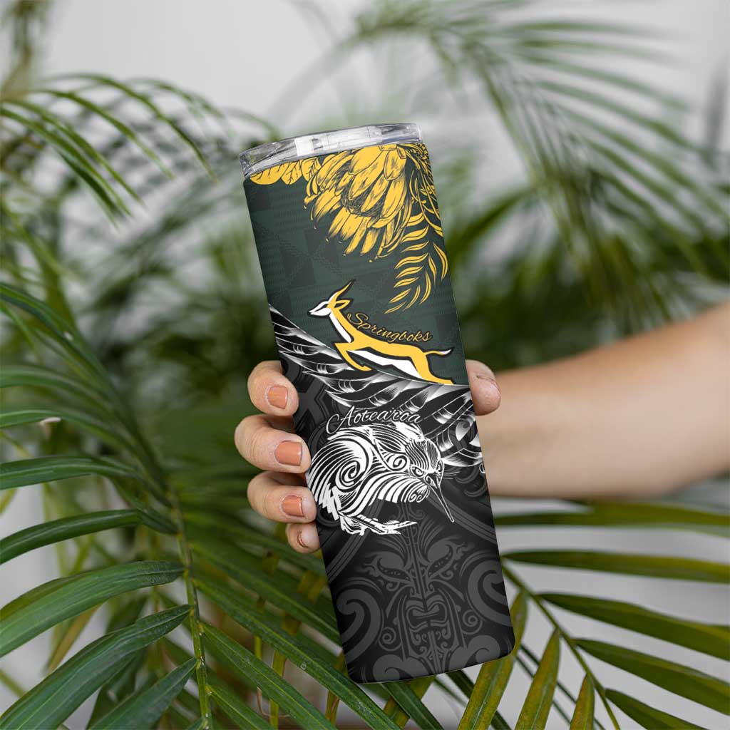 New Zealand and South Africa Rugby Personalised Skinny Tumbler Maori Kiwi With Springboks LT15 - Polynesian Pride