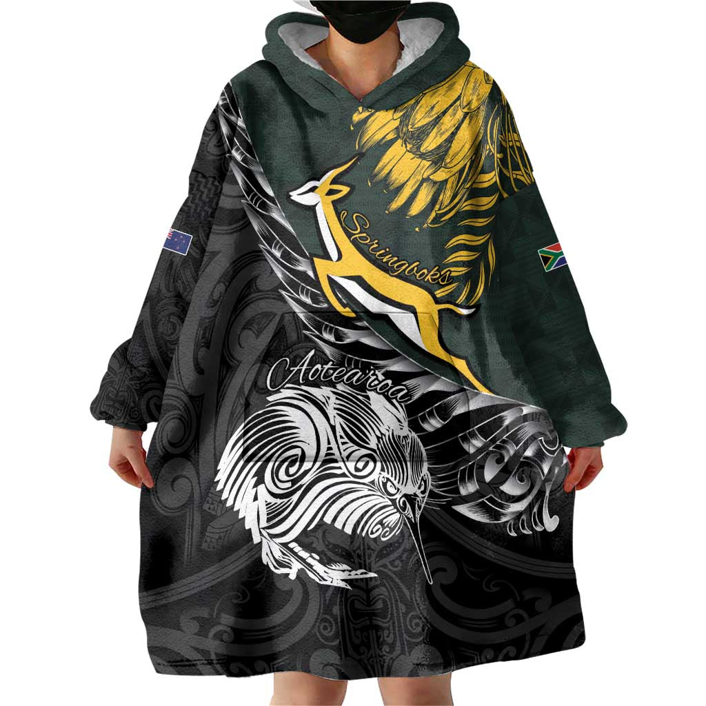 New Zealand and South Africa Rugby Personalised Wearable Blanket Hoodie Maori Kiwi With Springboks LT15 - Polynesian Pride