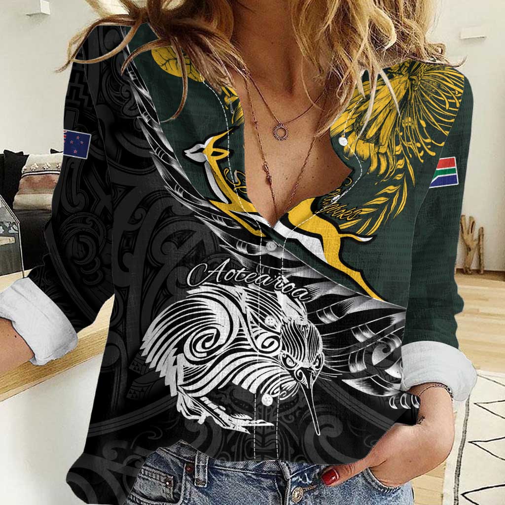 New Zealand and South Africa Rugby Personalised Women Casual Shirt Maori Kiwi With Springboks LT15 Female Black - Polynesian Pride