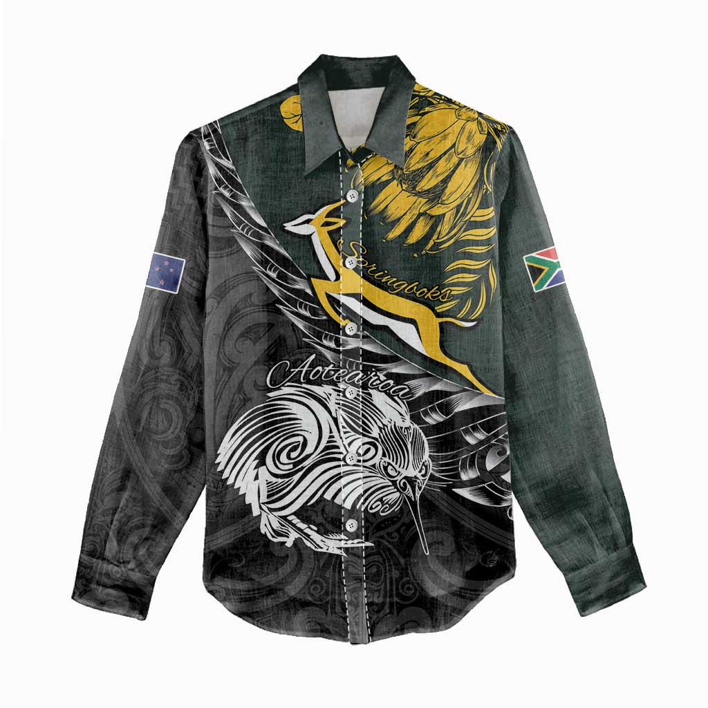 New Zealand and South Africa Rugby Personalised Women Casual Shirt Maori Kiwi With Springboks LT15 - Polynesian Pride