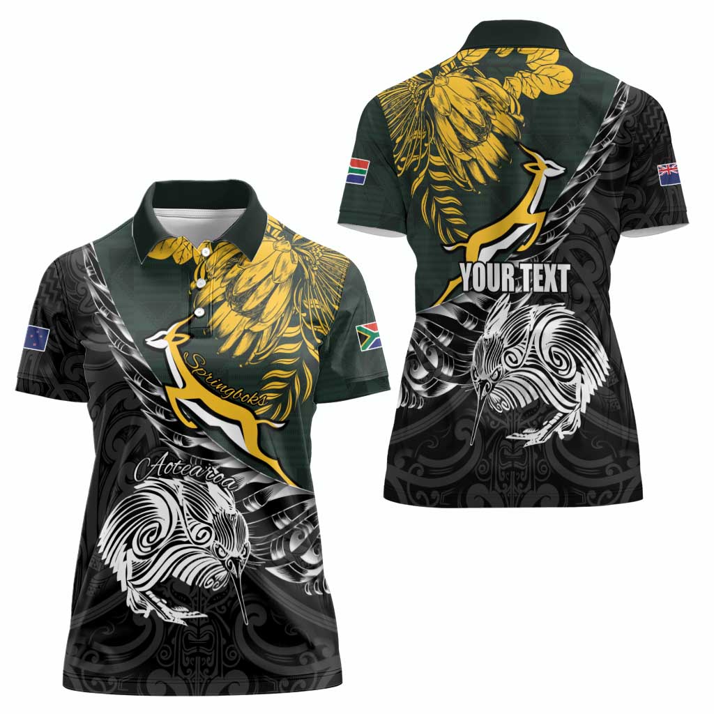 New Zealand and South Africa Rugby Personalised Women Polo Shirt Maori Kiwi With Springboks LT15 - Polynesian Pride