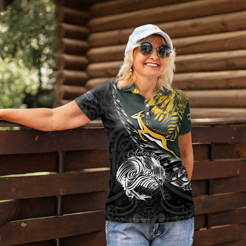 New Zealand and South Africa Rugby Personalised Women Polo Shirt Maori Kiwi With Springboks LT15 - Polynesian Pride