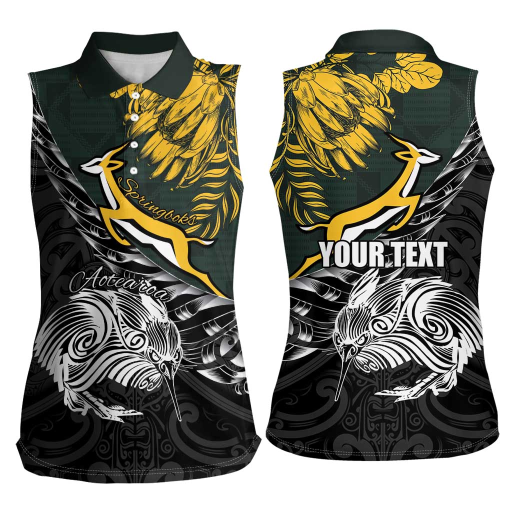 New Zealand and South Africa Rugby Personalised Women Sleeveless Polo Shirt Maori Kiwi With Springboks LT15 - Polynesian Pride