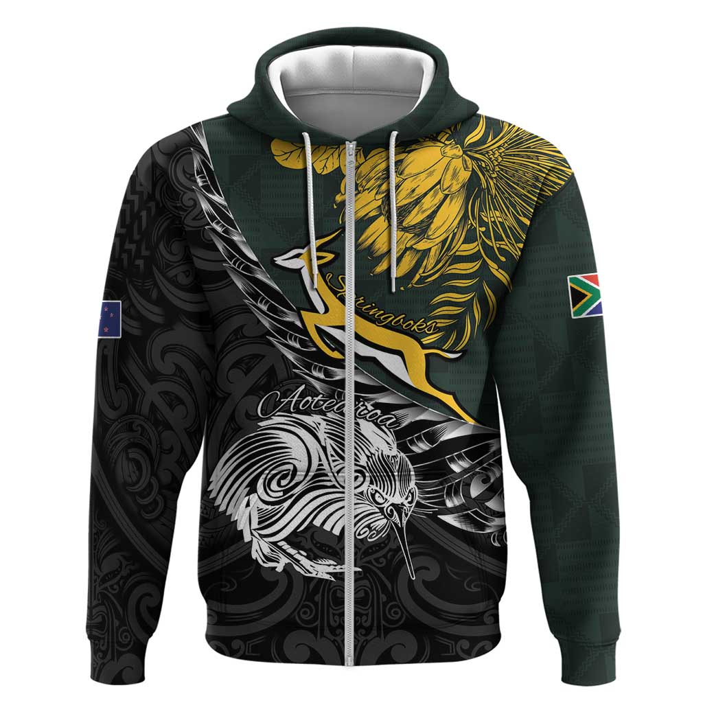 New Zealand and South Africa Rugby Personalised Zip Hoodie Maori Kiwi With Springboks LT15 Zip Hoodie Black - Polynesian Pride
