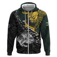 New Zealand and South Africa Rugby Personalised Zip Hoodie Maori Kiwi With Springboks LT15 Zip Hoodie Black - Polynesian Pride
