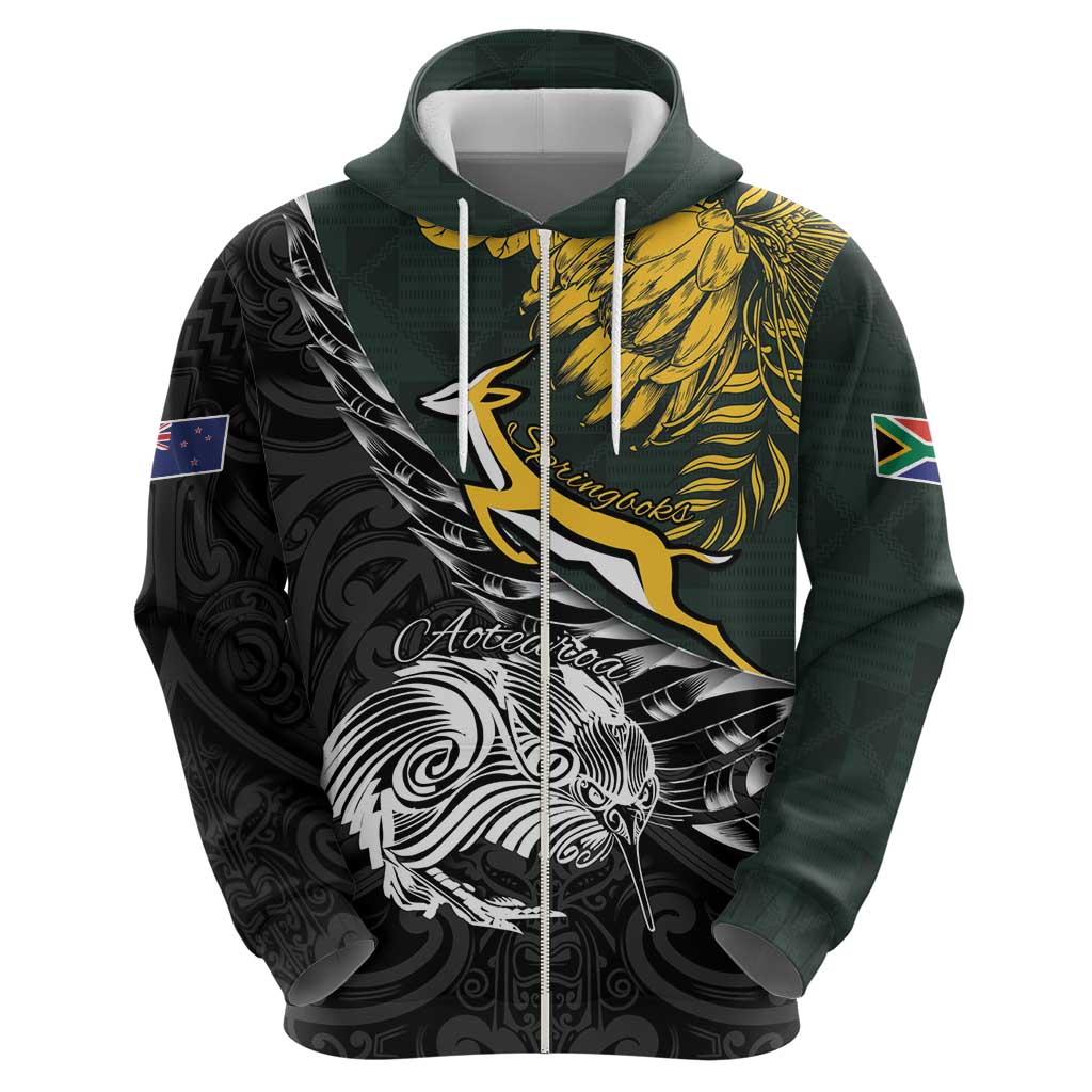 New Zealand and South Africa Rugby Personalised Zip Hoodie Maori Kiwi With Springboks LT15 - Polynesian Pride