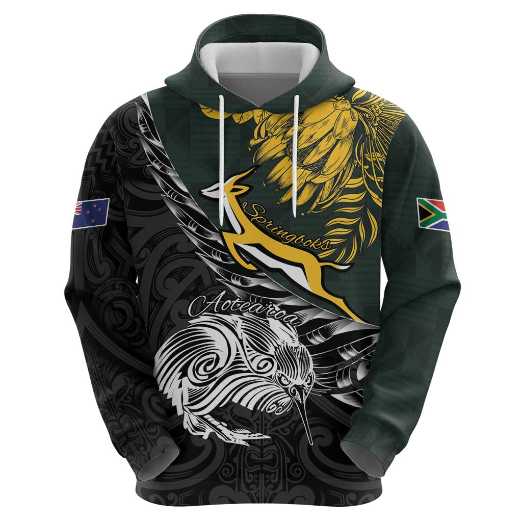 New Zealand and South Africa Rugby Personalised Zip Hoodie Maori Kiwi With Springboks LT15 - Polynesian Pride