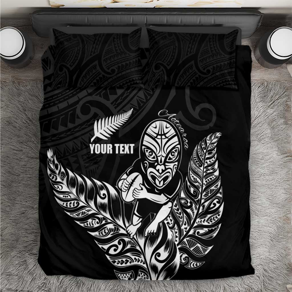 New Zealand Silver Fern Rugby Custom Bedding Set Maori Tiki Black Version