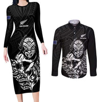 New Zealand Silver Fern Rugby Custom Couples Matching Long Sleeve Bodycon Dress and Long Sleeve Button Shirt Maori Tiki Black Version LT15 Black - Polynesian Pride