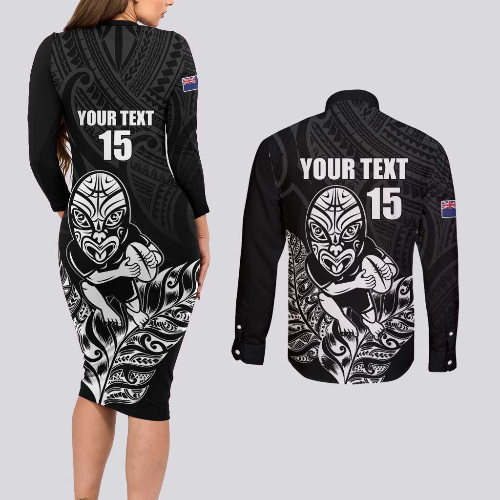 New Zealand Silver Fern Rugby Custom Couples Matching Long Sleeve Bodycon Dress and Long Sleeve Button Shirt Maori Tiki Black Version LT15 - Polynesian Pride