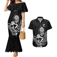 New Zealand Silver Fern Rugby Custom Couples Matching Mermaid Dress and Hawaiian Shirt Maori Tiki Black Version LT15 Black - Polynesian Pride
