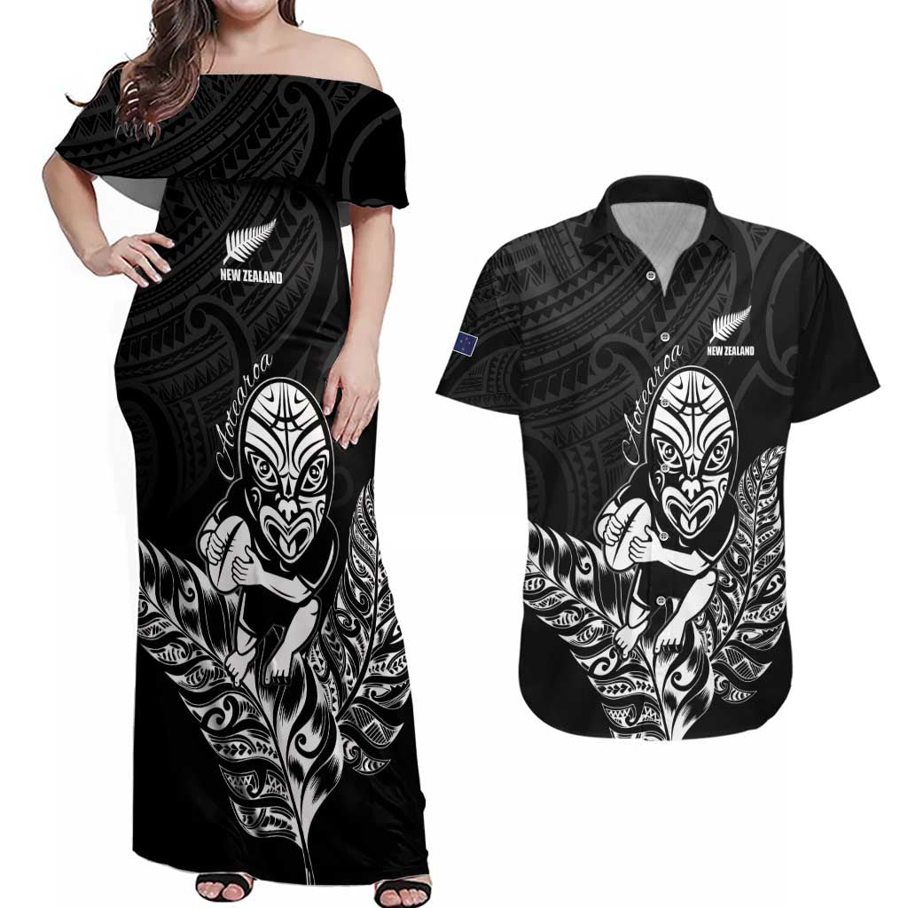 New Zealand Silver Fern Rugby Custom Couples Matching Off Shoulder Maxi Dress and Hawaiian Shirt Maori Tiki Black Version LT15 Black - Polynesian Pride