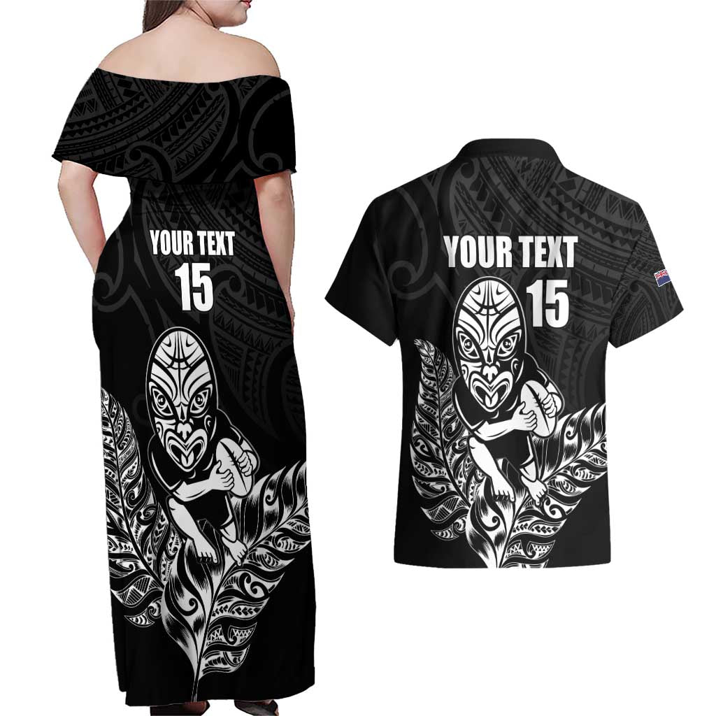New Zealand Silver Fern Rugby Custom Couples Matching Off Shoulder Maxi Dress and Hawaiian Shirt Maori Tiki Black Version LT15 - Polynesian Pride