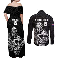 New Zealand Silver Fern Rugby Custom Couples Matching Off Shoulder Maxi Dress and Long Sleeve Button Shirt Maori Tiki Black Version LT15 - Polynesian Pride