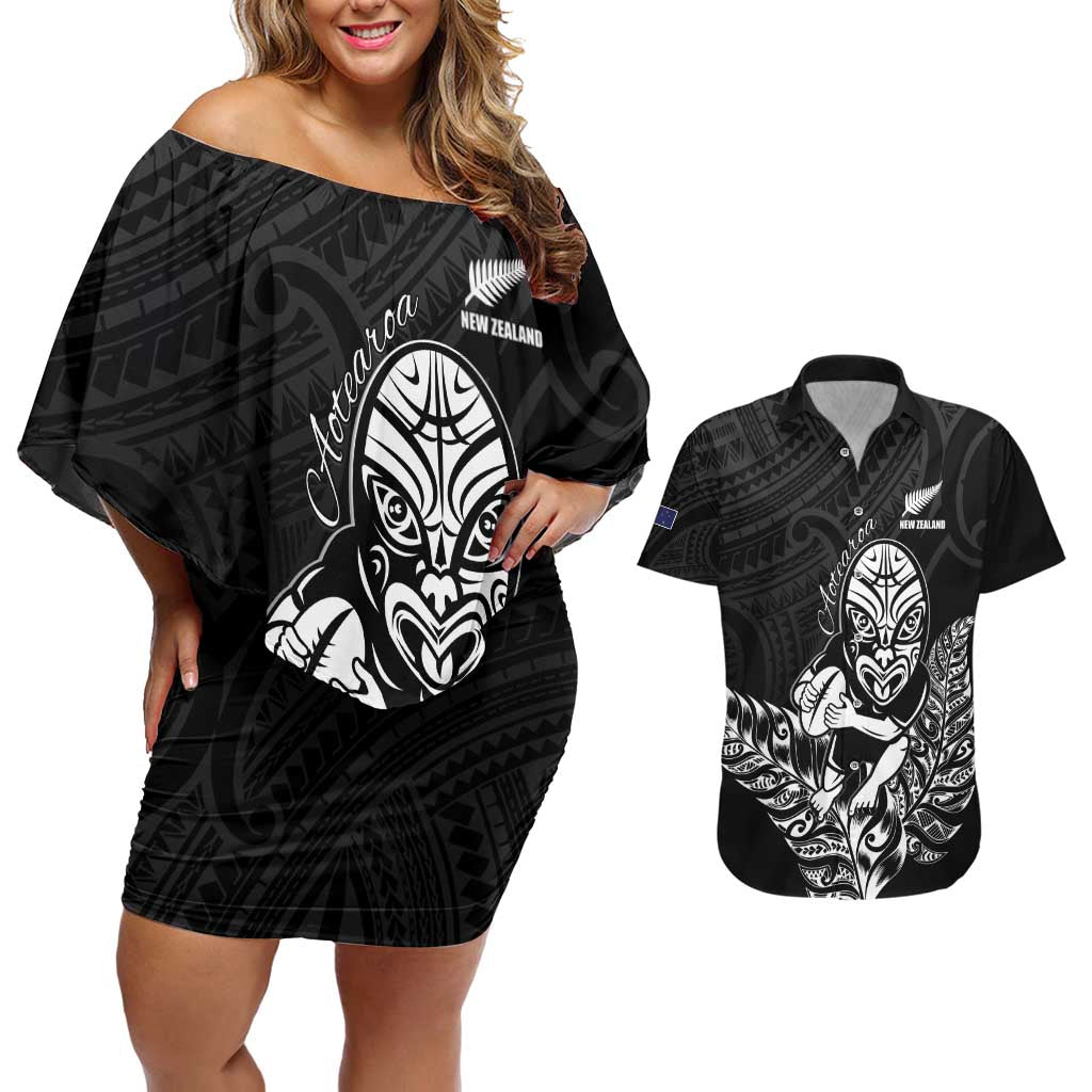 New Zealand Silver Fern Rugby Custom Couples Matching Off Shoulder Short Dress and Hawaiian Shirt Maori Tiki Black Version LT15 Black - Polynesian Pride