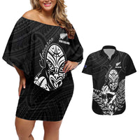 New Zealand Silver Fern Rugby Custom Couples Matching Off Shoulder Short Dress and Hawaiian Shirt Maori Tiki Black Version LT15 Black - Polynesian Pride