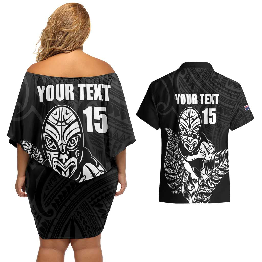 New Zealand Silver Fern Rugby Custom Couples Matching Off Shoulder Short Dress and Hawaiian Shirt Maori Tiki Black Version LT15 - Polynesian Pride