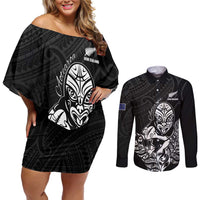 New Zealand Silver Fern Rugby Custom Couples Matching Off Shoulder Short Dress and Long Sleeve Button Shirt Maori Tiki Black Version LT15 Black - Polynesian Pride